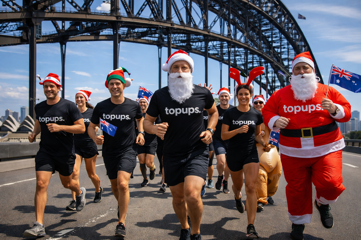 Topups team running across Sydney Harbour Bridge